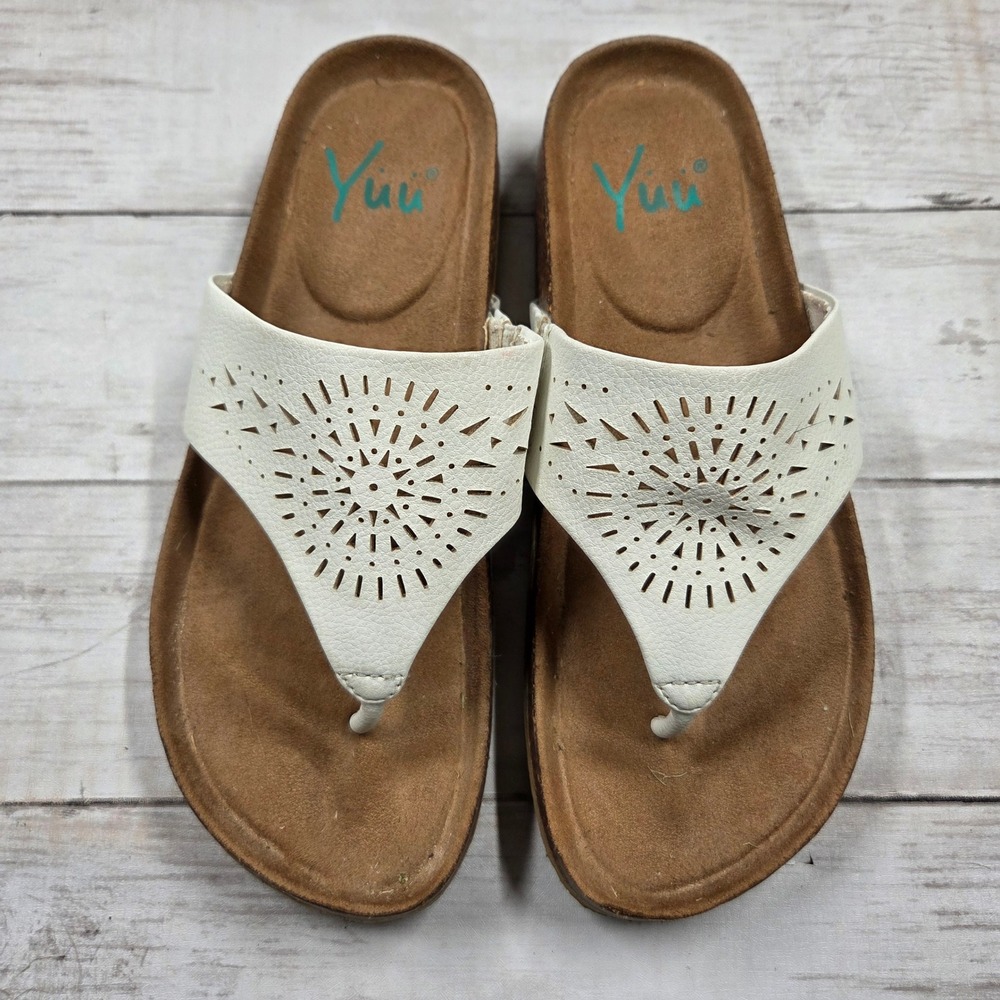 Yuu Sandals Women 6M White Thong Flip Flop Laser Cut Boho Cork Platform Shoes